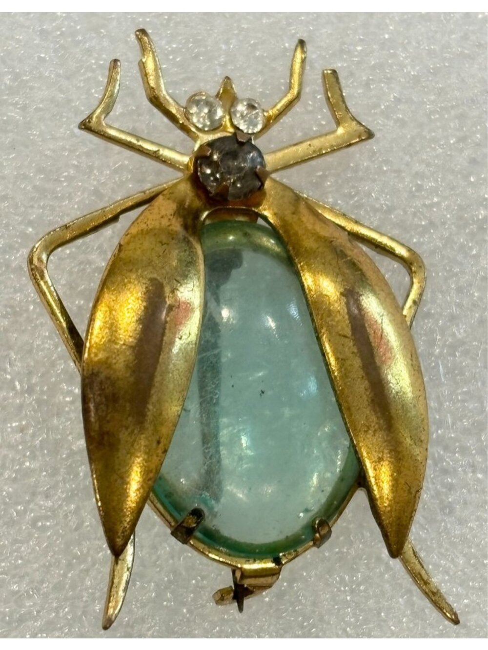 1940-50s Lucite Jelly Belly Beetle Rhinestone Accent Brooch-Pin Gold Tone